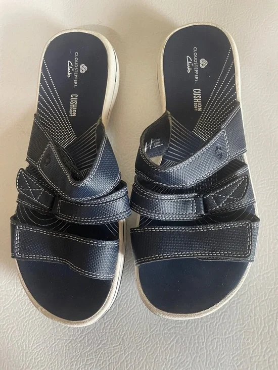 Clarks Cloudsteppers Cushion Soft Navy Slide In Sandals. Good Condition. Size 6M - Picture 1 of 14